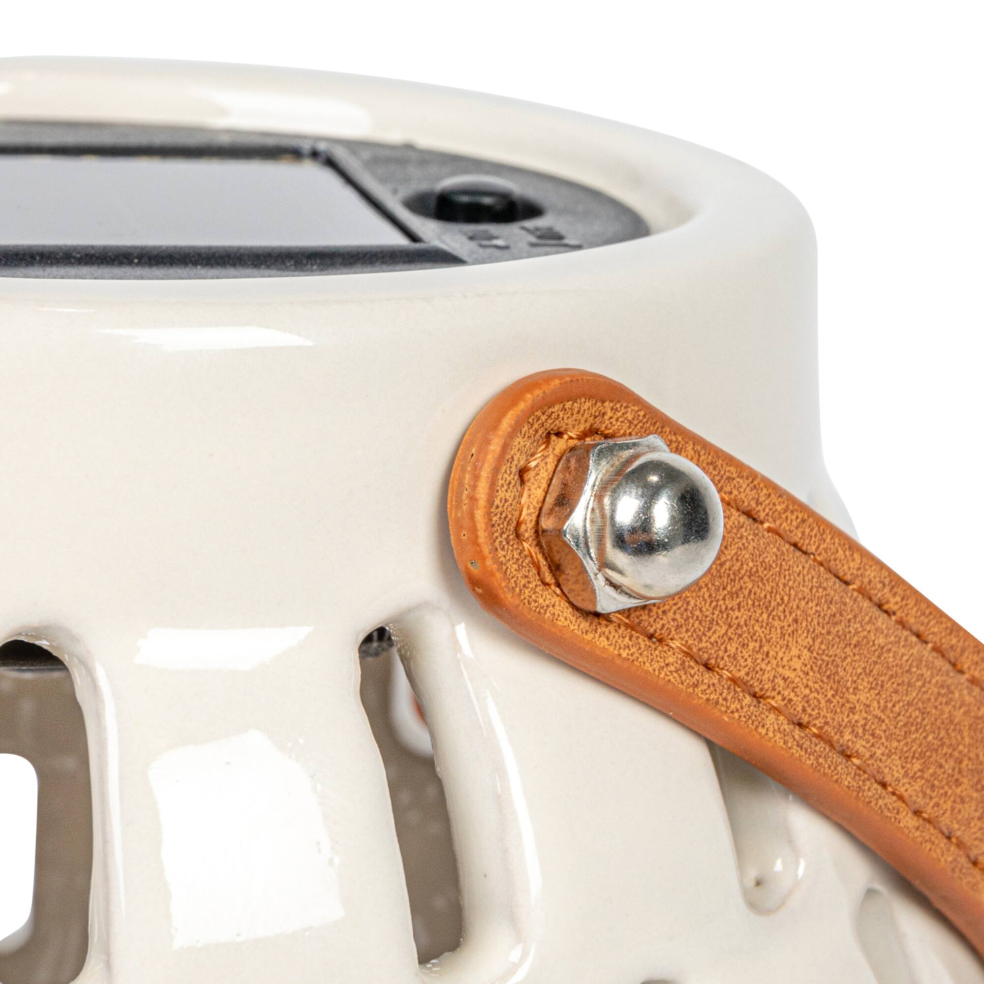 Hello Honey® 8" White & Brown Stoneware Rechargeable LED Solar Powered Waterproof Lantern